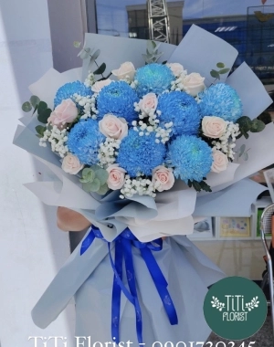 Bó hoa cúc mẫu đơn màu xanh pastel