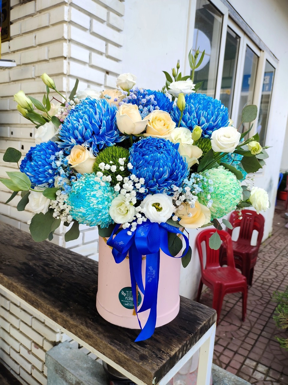 Lẵng hoa cúc mẫu đơn xanh 